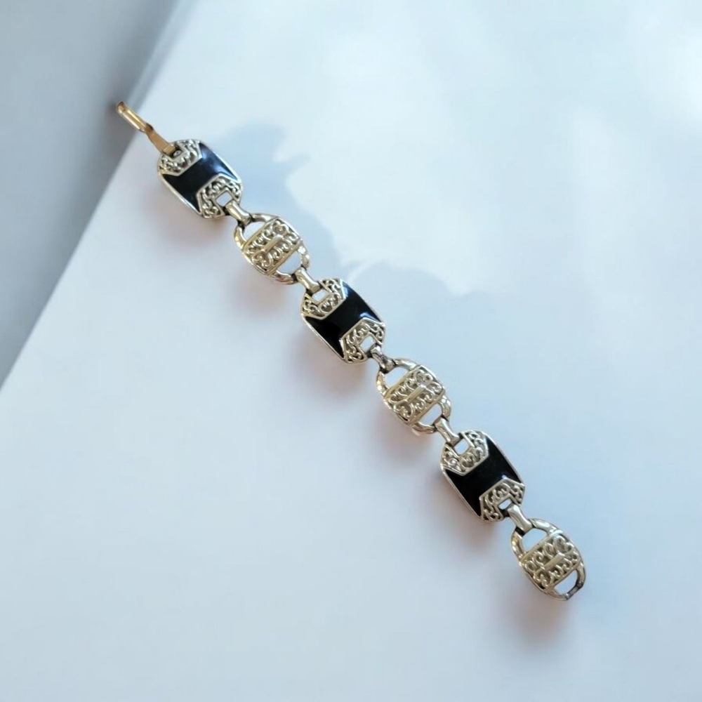 Vintage Gold Black Enamel Art Deco Link Bracelet
